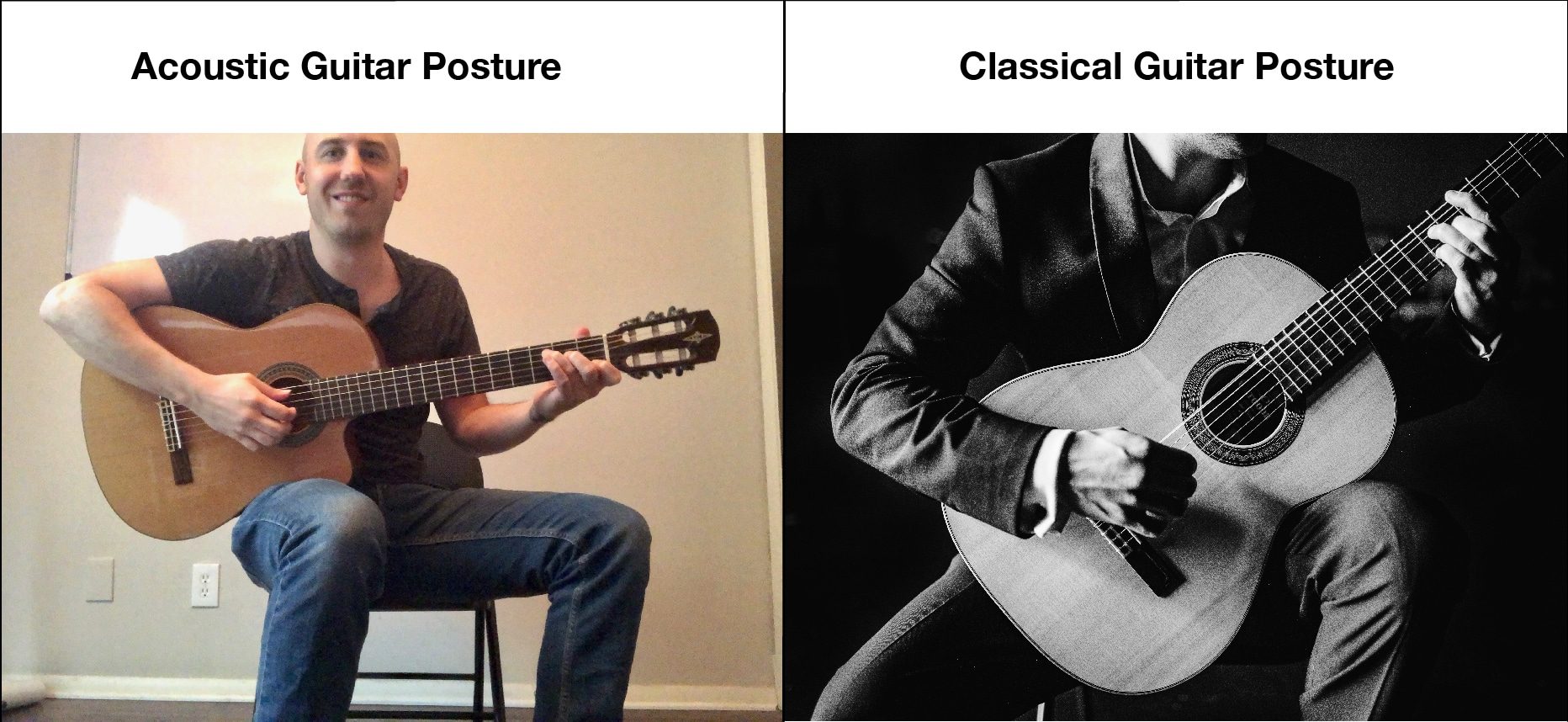 How to hold the guitar, classical guitar posture vs acoustic guitar posture comparison.