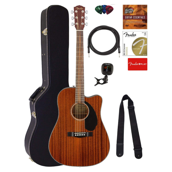 fender cd-60 mahogany guitar with gig bag and accessories
