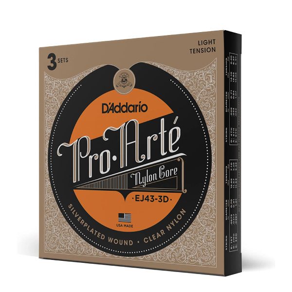 Pack of D'Addario Nylon Core Light Tension EJ44 (3 sets) classical guitar strings