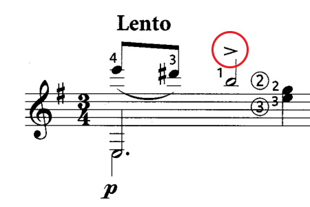 Example of an Accent in classical guitar notation