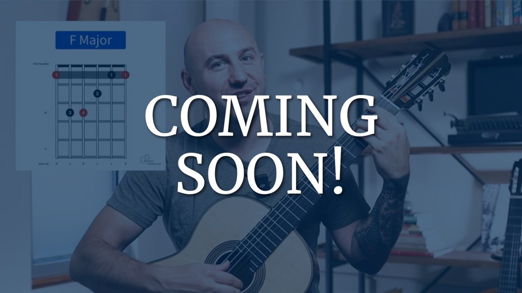 Jonathan Richter playing an F major chord with blue overlay and Coming Soon text in foreground