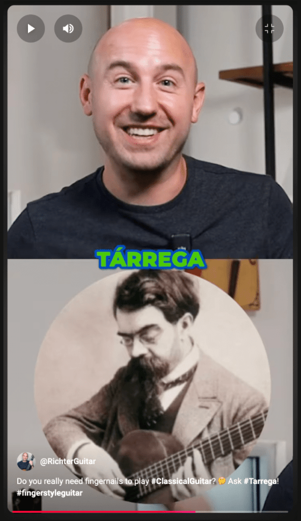 Screenshot of Jonathan Richter discussing Fransico Tárrega's approach to using fingernails vs flesh for classical guitar on YouTube