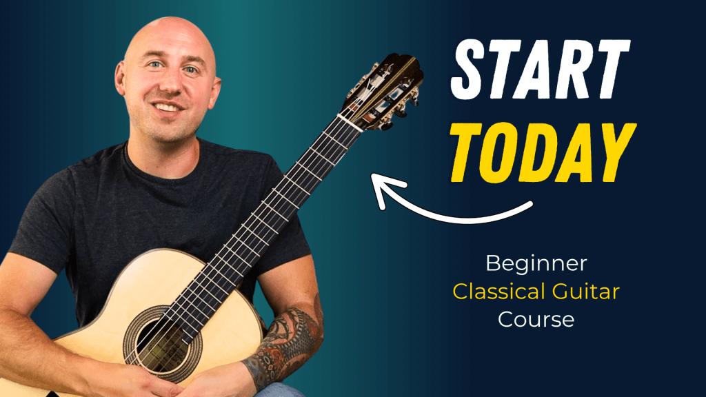 Jonathan Richter smiling holding a guitar promoting his free beginner classical guitar course available on YouTube