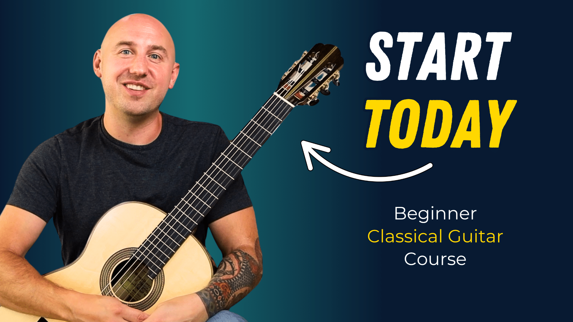Jonathan Richter smiling holding a guitar promoting his free beginner classical guitar course available on YouTube