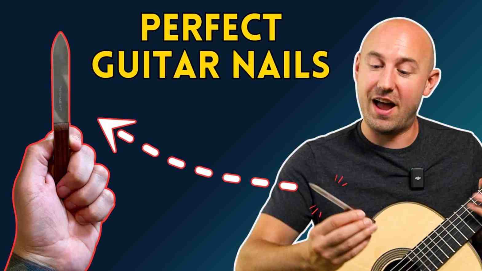 richter guitar thumbnail showing nail file and Jonathan Richter holding his guitar and a nail file with a happy expression