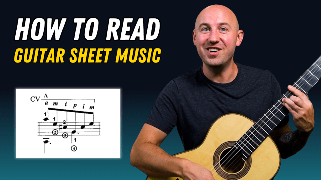 How to read guitar sheet music text next to Jonathan Richter smiling holding classical guitar and scresnshot of classical guitar sheet music notation