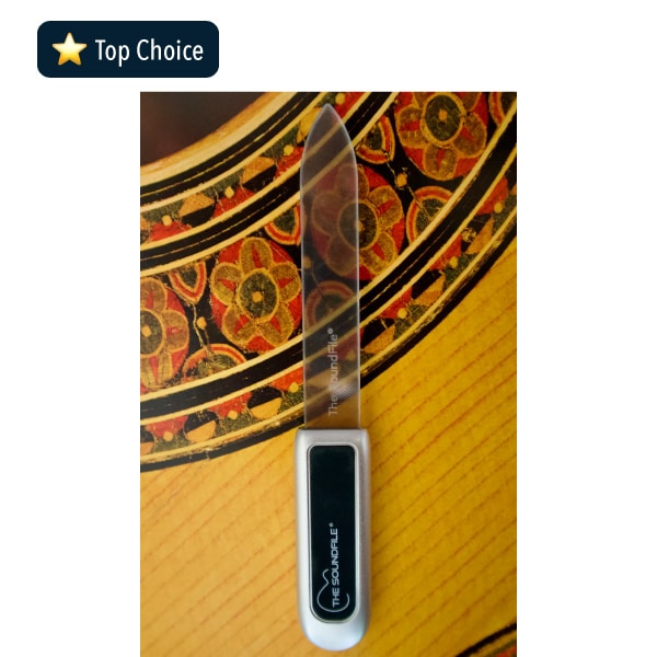 The Soundfile Nail file nano glass on top of a classical guitar