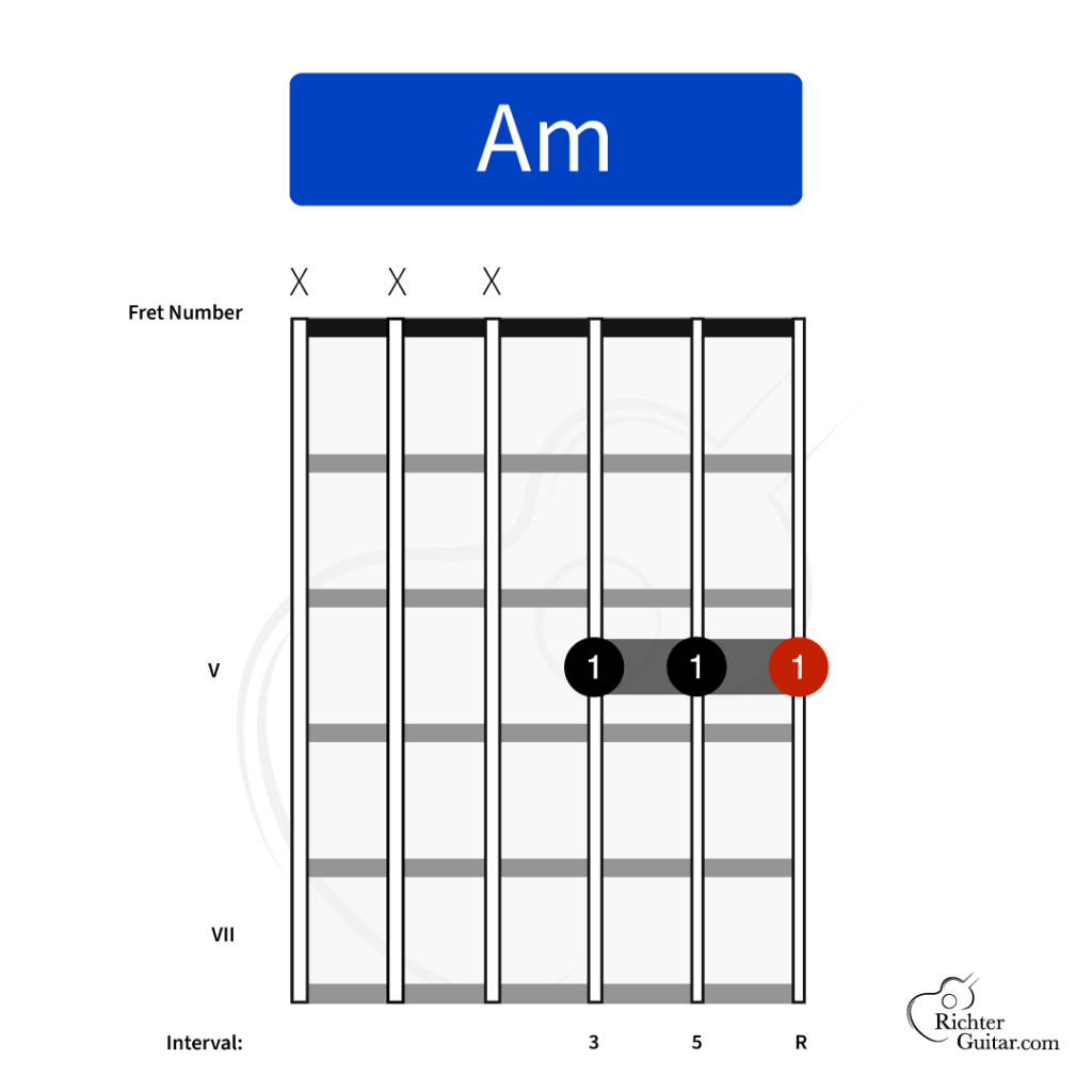 Am chord on guitar in 5th position (half barre)